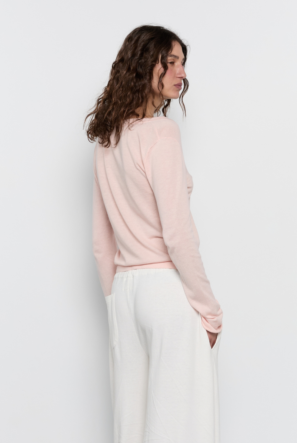 Knit LS V Neck Jersey - Light Pink